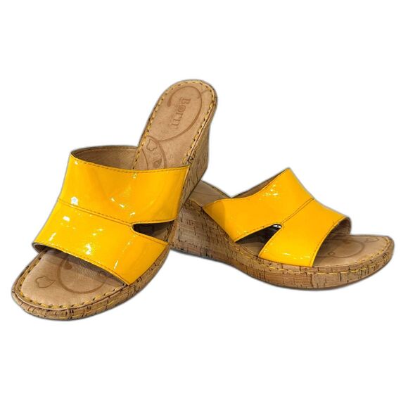 Born Zefira Size 8 Yellow Patent Leather Cork Slide Platform Boho Wedge - Picture 2 of 10